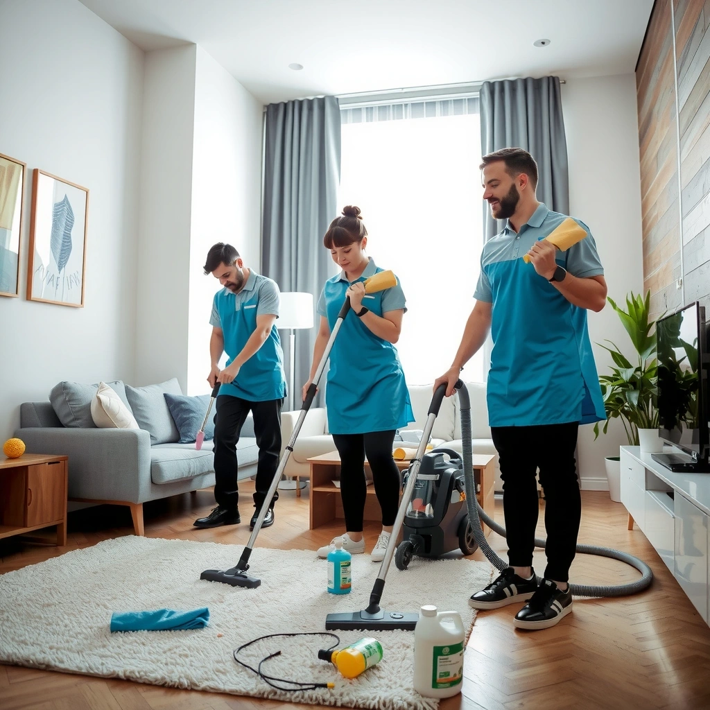 Professional cleaning team in action with modern equipment